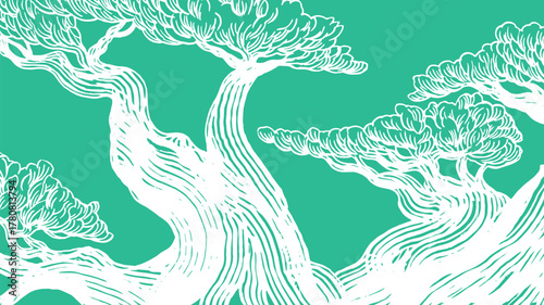 Hand drawn illustration of bold, gnarled tree silhouettes with detailed wood grain texture, inspired by ancient pine or bonsai forms. High-contrast white lines on a vibrant teal background.