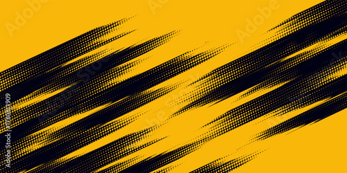 Halftone yellow dots pattern and black gradient grunge texture background. Dotted line comic sport style vector illustration.