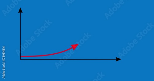 Chart arrow red bow shape goes up on blue background. Graph rising fast. Business cartoon animation. Economy metaphor.