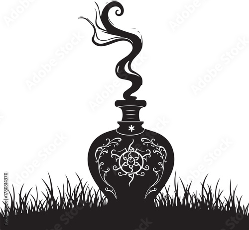 Black silhouette of ornate bottle with swirling smoke and grass