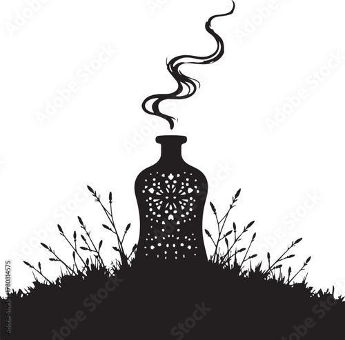 Black silhouette of ornate vase with smoke and grass