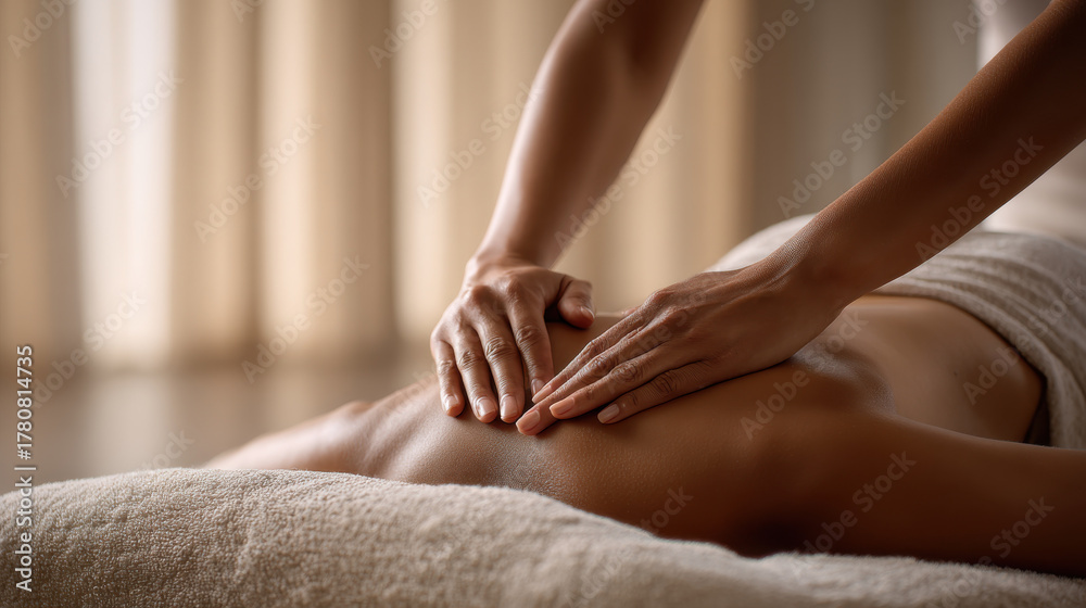 Fototapeta premium Therapeutic massage session for relaxation and stress relief in a spa setting. A professional massage therapist provides a relaxing treatment to a client, promoting wellness and health