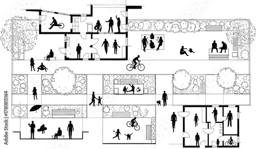 Overhead view of a park layout featuring people engaged in various activities such as walking, sitting, and exercising, with trees and buildings interspersed throughout, isolated on white background