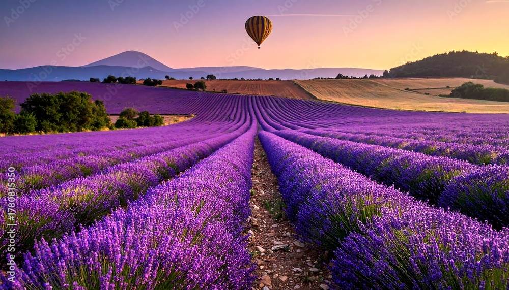 Fototapeta premium Scenic vista features rows of blooming purple flowers with a hot air balloon floating overhead during a picturesque sunset. A distant hill is also present