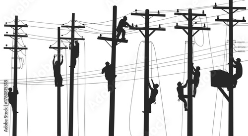 Utility workers silhouettes, electrical pole climbing, power line maintenance, safety gear, telecommunication repair, teamwork illustration, energy distribution, occupational safety, constructi 