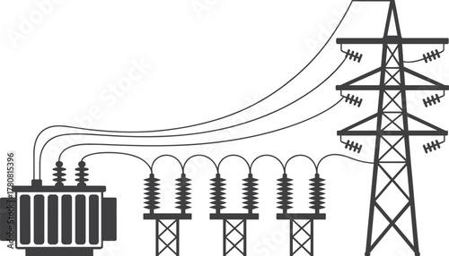 Electrical transmission system, transformer and insulators, power grid vector, high voltage lines, infrastructure illustration, flat design, energy flow diagram