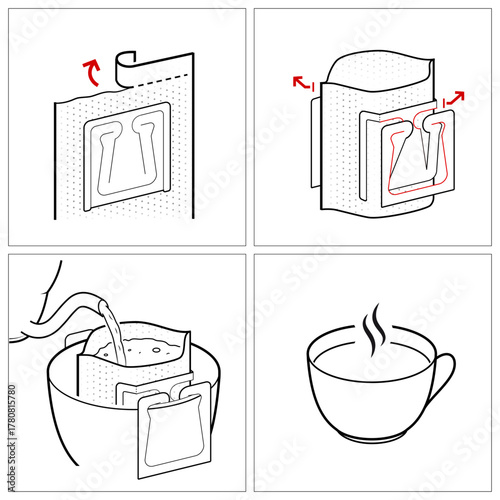Drip coffee bag instruction set icons. Vector elements. Set for package, shows user instruction. EPS10.