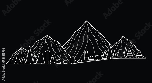A detailed illustration of a mountain range with trees at its base, set against a dark gray background, captures the rugged beauty of nature and is perfect for designs needing a touch of wilderness