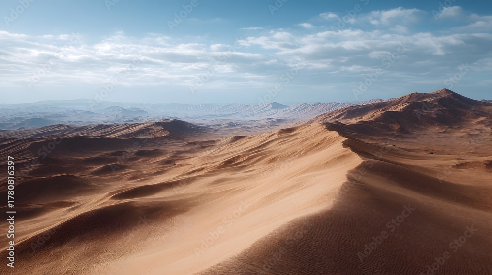 Fototapeta premium Vast golden sand dunes stretch across an arid desert landscape under a blue sky with scattered clouds