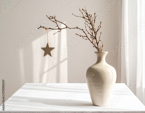 星形オーナメントと白い花瓶のミニマルなクリスマスデコレーション　Minimalist Christmas Decoration with Gold Star Ornaments and White Vase