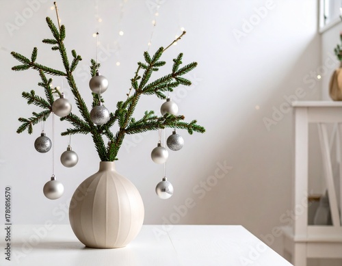星形オーナメントと白い花瓶のミニマルなクリスマスデコレーション　Minimalist Christmas Decoration with Gold Star Ornaments and White Vase
