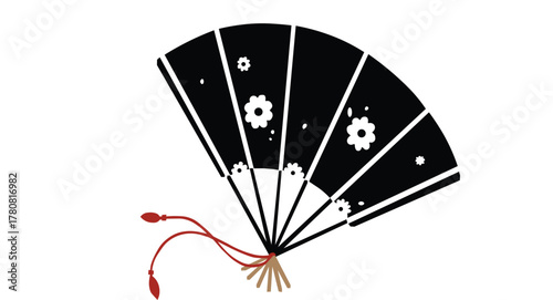 Minimalist Japanese Hand Fan with Floral Pattern Isolated on White Background