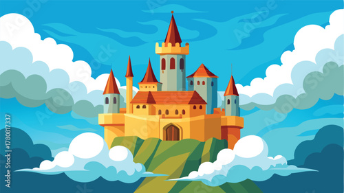 Majestic fantasy castle perched on rocky peaks amidst clouds, fairy tale kingdom illustration, An enchanting sky kingdom, where dreams and magic reside