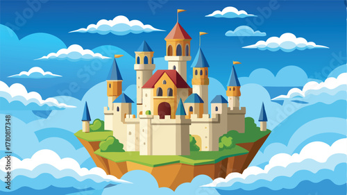 Majestic fantasy castle perched on rocky peaks amidst clouds, fairy tale kingdom illustration, An enchanting sky kingdom, where dreams and magic reside