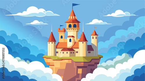 Majestic fantasy castle perched on rocky peaks amidst clouds, fairy tale kingdom illustration, An enchanting sky kingdom, where dreams and magic reside