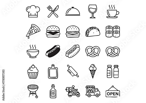 Vector Restaurant Icons Collection, Black and White Food & Dining Line Art Set, Unique Culinary Icons - Thick Line Style