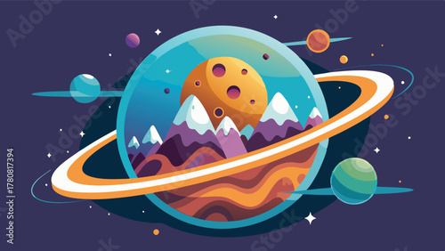 Stylized vibrant planet with rings in outer space, A whimsical journey through the cosmos