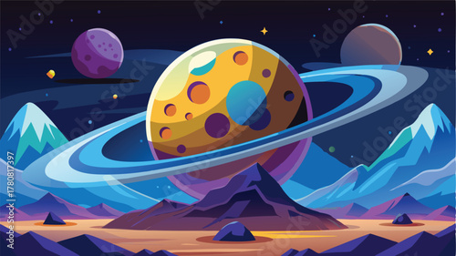 Stylized vibrant planet with rings in outer space, A whimsical journey through the cosmos