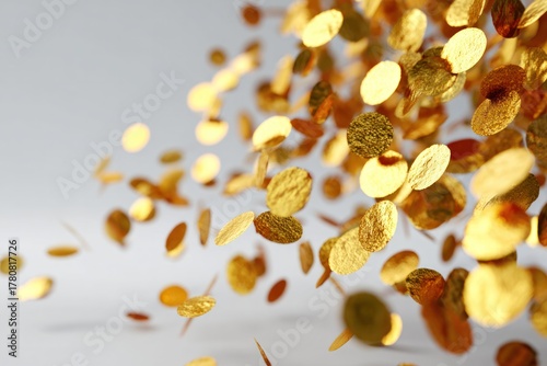 Golden Coins in Flight: A cascade of gold coins swirls in the air, creating a captivating display of wealth and abundance. A visual representation of finance and prosperity.
