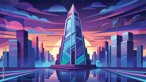 Retro-futuristic cityscape with a tall skyscraper at sunset, A vibrant synthwave dreamscape reflecting innovation and digital horizons