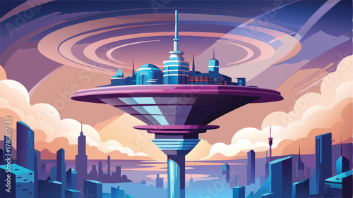 Futuristic cityscape with unique central tower, A retro-futuristic urban marvel at dusk