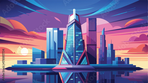 Retro-futuristic cityscape with a tall skyscraper at sunset, A vibrant synthwave dreamscape reflecting innovation and digital horizons
