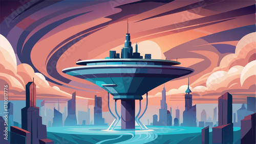 Futuristic cityscape with unique central tower, A retro-futuristic urban marvel at dusk