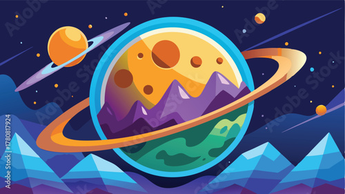 Stylized vibrant planet with rings in outer space, A whimsical journey through the cosmos
