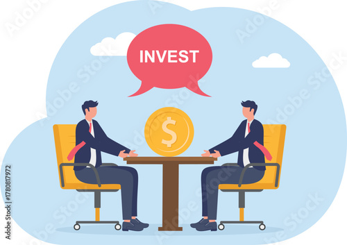 Adobe Illustrator illustration of exchanging thoughts on ideas and business investment strategies
