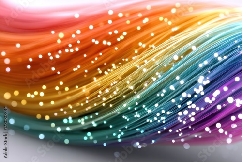 Colorful Fiber Optics: Vibrant strands of fiber optic cable, radiating a spectrum of colors, converge in a dazzling display of light and technology.