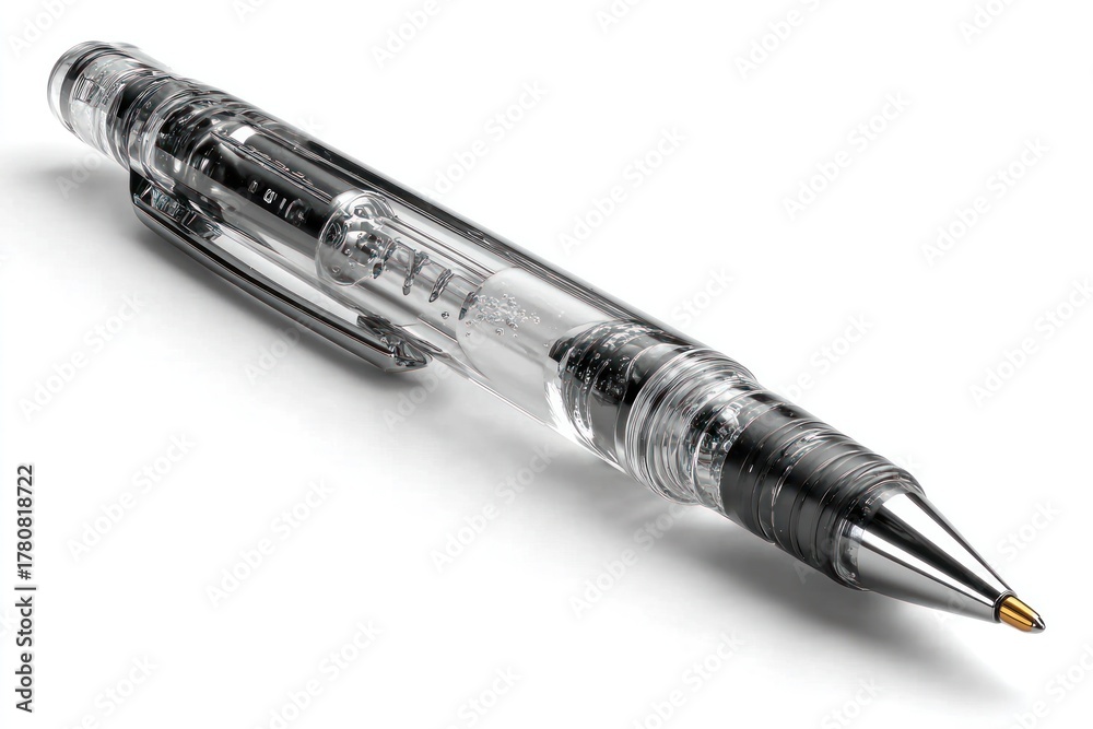 Naklejka premium Transparent Pen: A close-up shot of a transparent pen, showcasing its intricate internal mechanism and sleek design, perfect for projects.