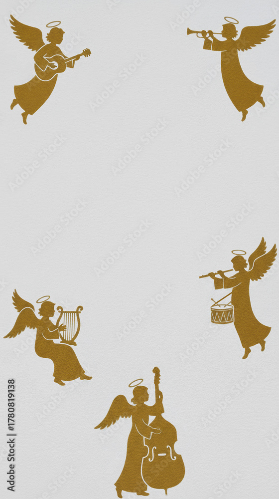 Obraz premium A choir of angels playing musical instruments. Elegant gold silhouettes create a vertical frame on white paper, perfect for a Christmas concert or holiday invitation.
