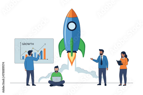 Team launching a rocket and analyzing growth chart