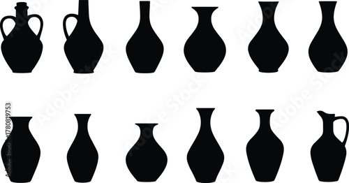 Black silhouette amphora vase icons, ancient pottery shape set, decorative vessel outline series, cad drawing flat vector illustration
