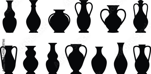 Black silhouette vase shape icons, ancient pottery form set, decorative container outline series, cad drawing flat vector illustration