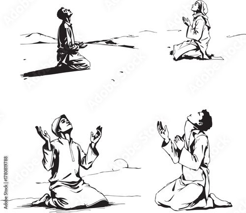 Muslim man praying, hand drawn sketch vector background.