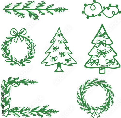 Vintage hand drawn Christmas borders and decorations. Xmas tree in bows, holiday wreath. Frames with branches Xmas tree, ribbons, garlands.