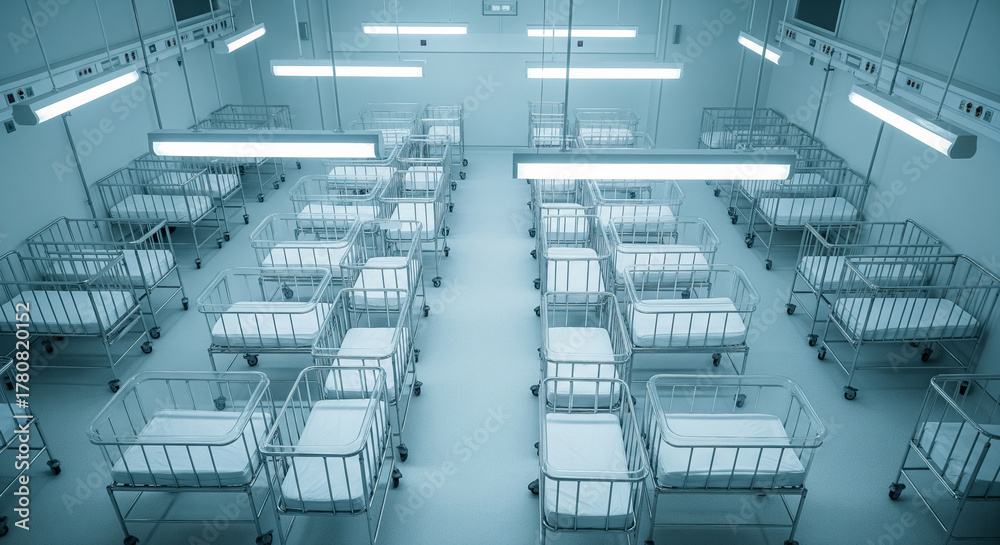 Fototapeta premium Sterile Hospital Nursery With Empty Metal Cribs