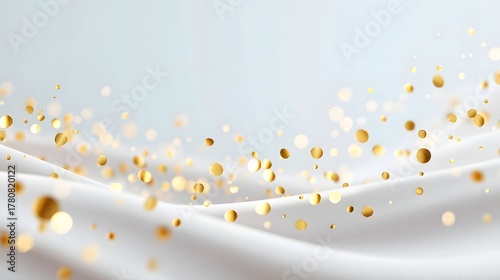 Abstract scene of flowing white silk fabric waves adorned with shimmering golden confetti and soft bokeh lights evoking luxury and celeb n