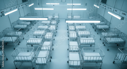Sterile Hospital Nursery With Empty Metal Cribs