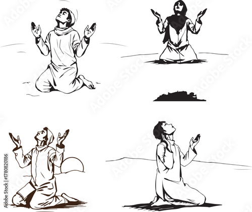 Muslim man praying, hand drawn sketch vector background.