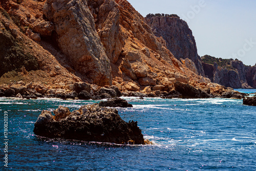 Rugged Shoreline of Suluada Island Where Cliffs Show a Reddish-Ochre Tint, Mediterranean Coast of Turkey