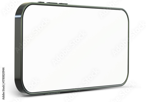 3D Horizontal smartphone mockup with white screen. Black mobile phone isolated on white background. Landscape phone. 3d png illustration