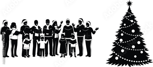 Christmas, carol, singers, group, children, adults, festive, Santa, hats, decorated, tree, ornaments, garlands, holiday, tradition, celebration, music, togetherness, winter, season