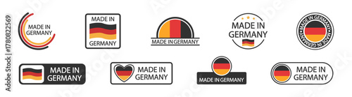 Made in Germany badge icon, German flag emblem, quality guarantee stamp, product origin label, national certification seal, vector symbol for packaging and branding, isolated on transparent background