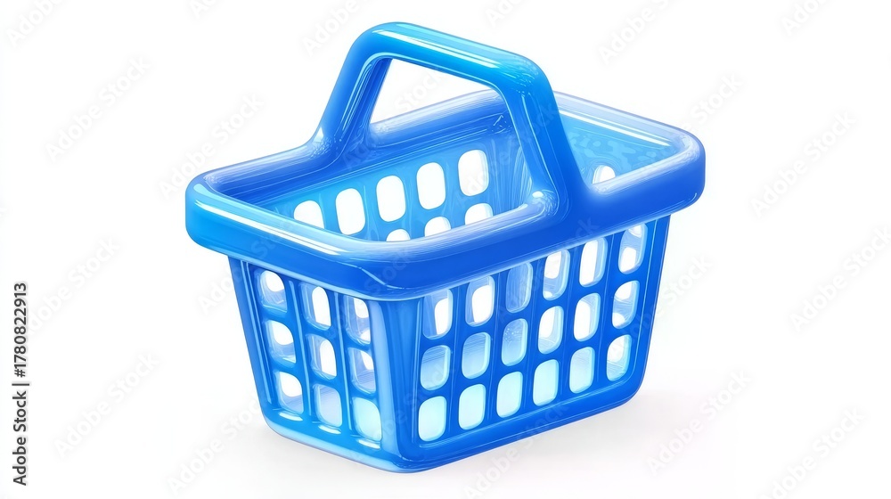 Fototapeta premium A vibrant blue plastic shopping basket with a handle, set against a clean white background, showcasing its grid-like structure and glossy finish.