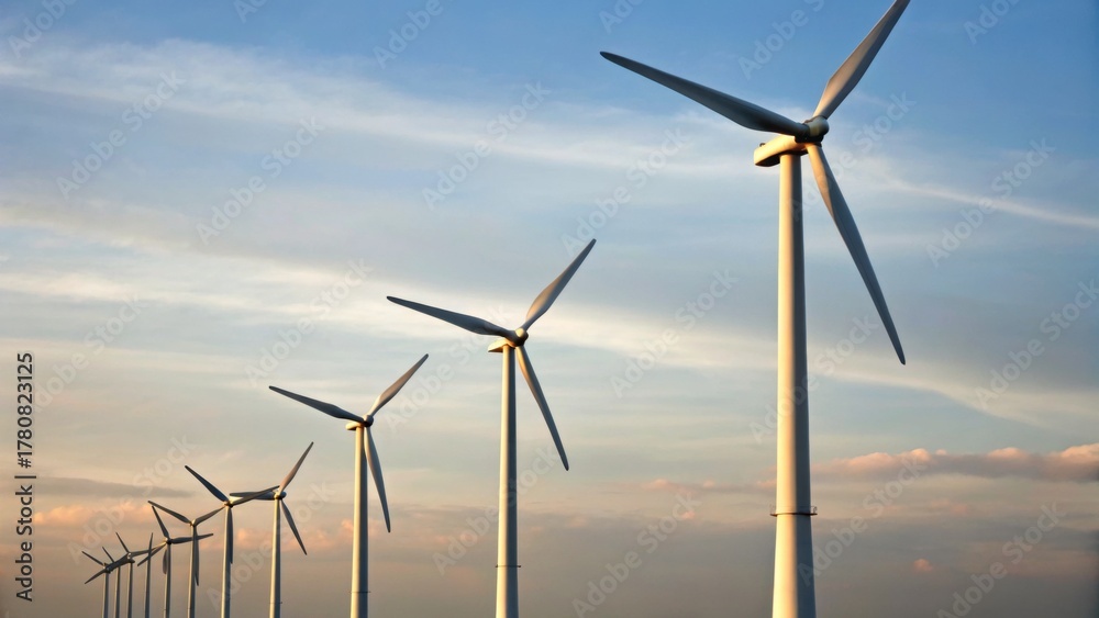Fototapeta premium A row of wind turbines against a clear sky, showcasing renewable energy technology and sustainable power generation.