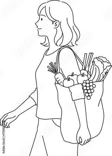 Black and white line art illustration of person carrying reusable grocery bag filled with fresh vegetables fruits sustainable lifestyle eco shopping