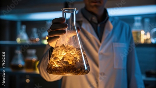 Obraz na plátně A scientist holds a glowing flask containing rocks, showcasing a captivating chemical reaction in a laboratory setting