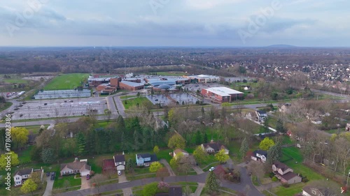 Novi High School aerial view at 24062 Taft Road in city center of Novi, Oakland County, Michigan MI, USA. 